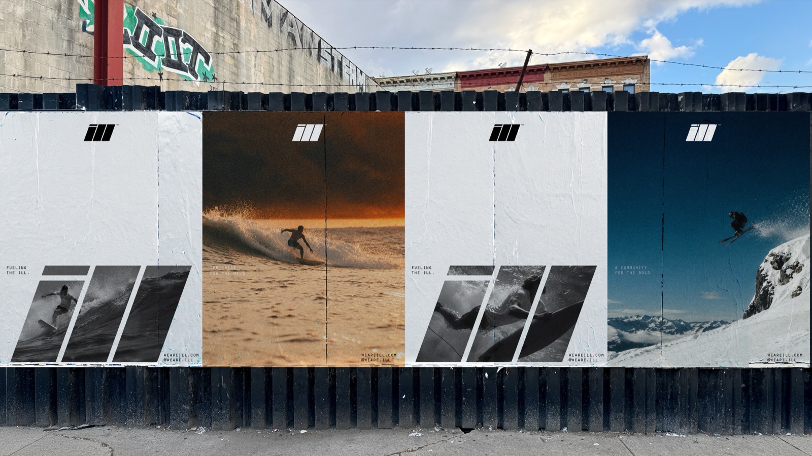Four ILL posters pasted on a street wall