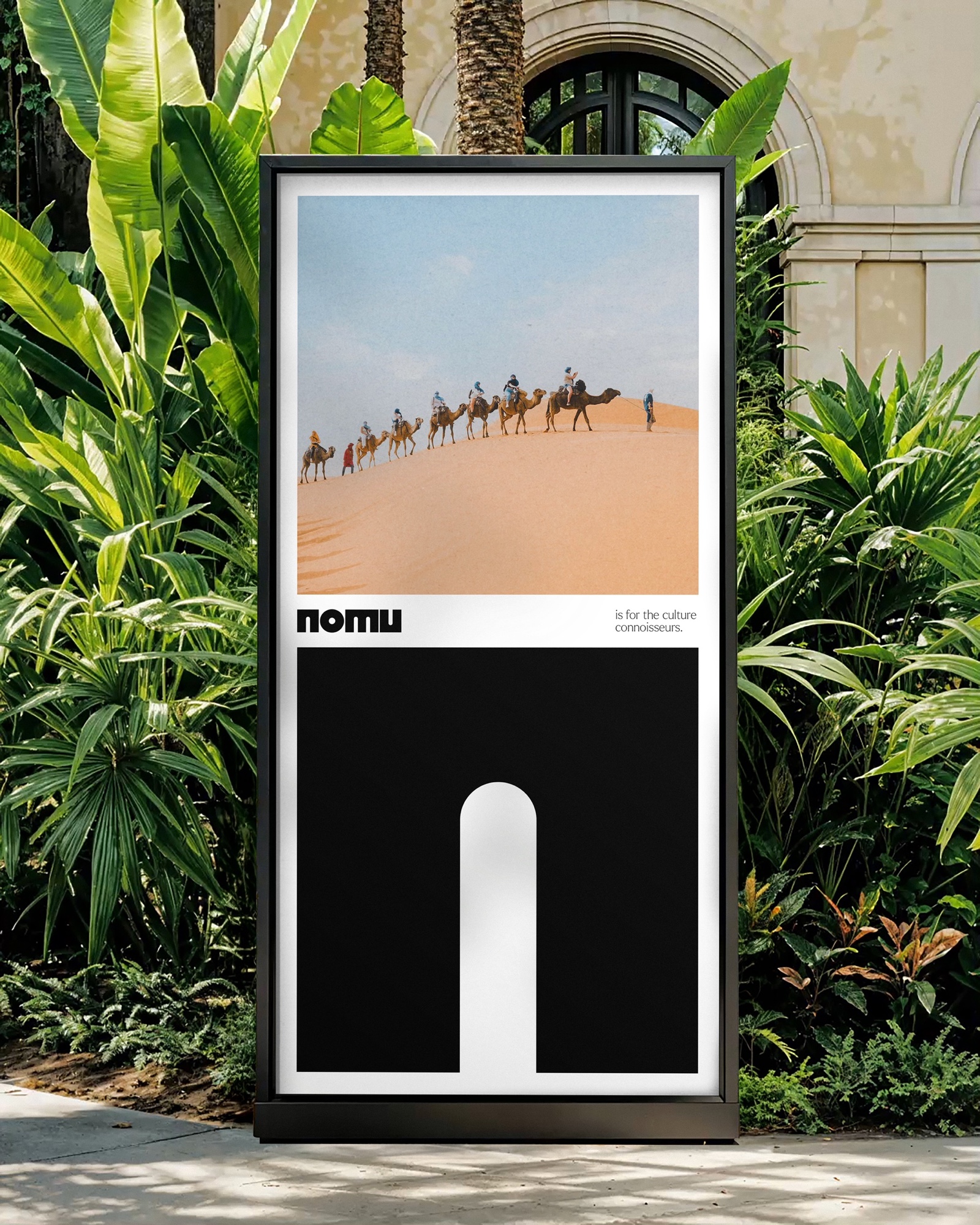 Nomu poster on an outdoor digital screen among palms