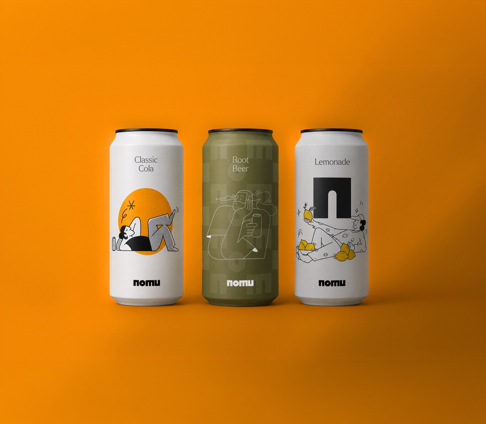 Three Nomu cans: Classic Cola, Root Beer and Lemonade