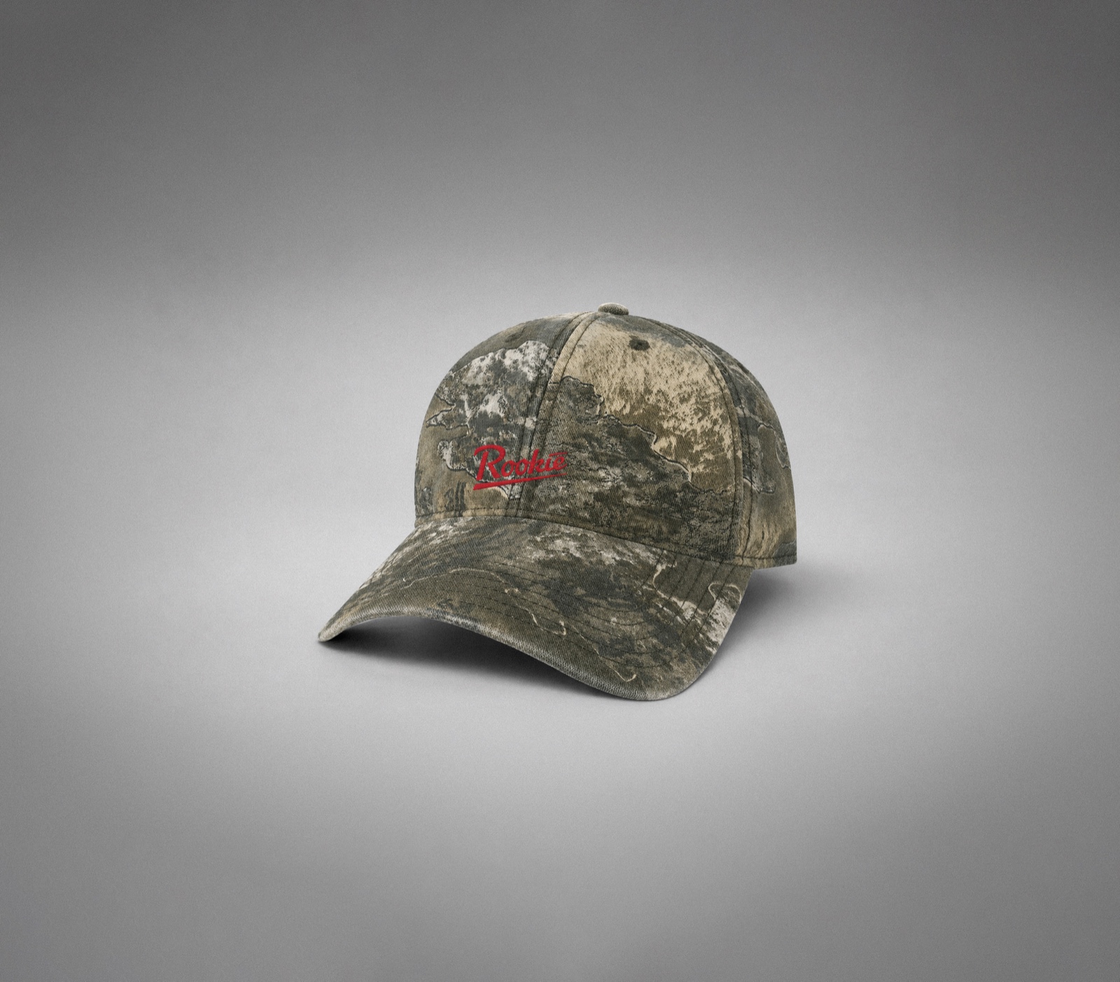 Camouflage Rookie cap with a red embroidered logo on grey