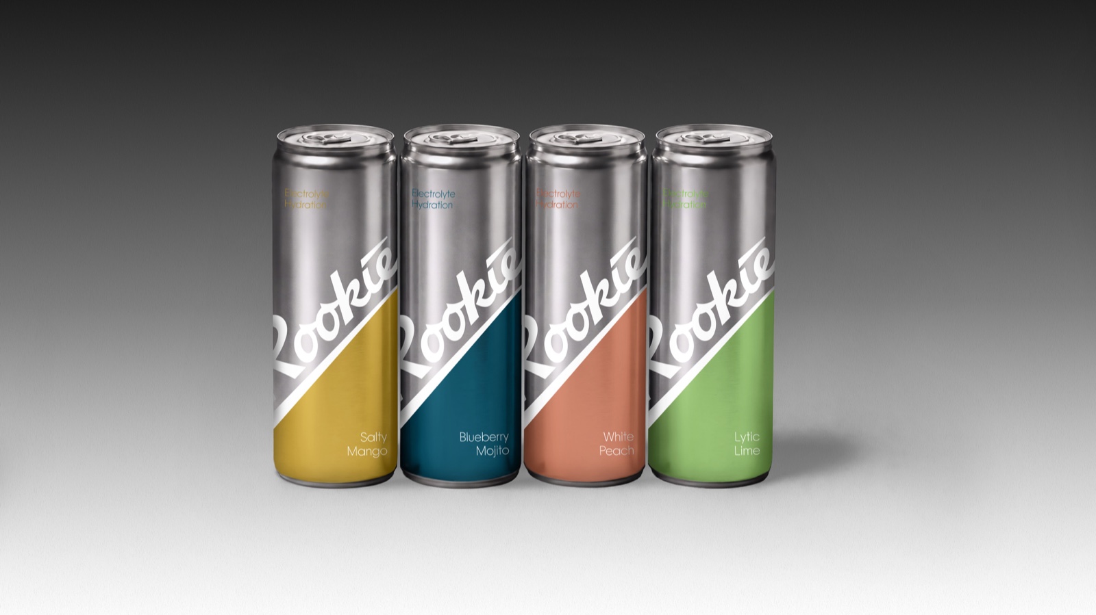 Four Rookie electrolyte cans in a row: Salty Mango, Blueberry Mojito, White Peach, Lytic Lime