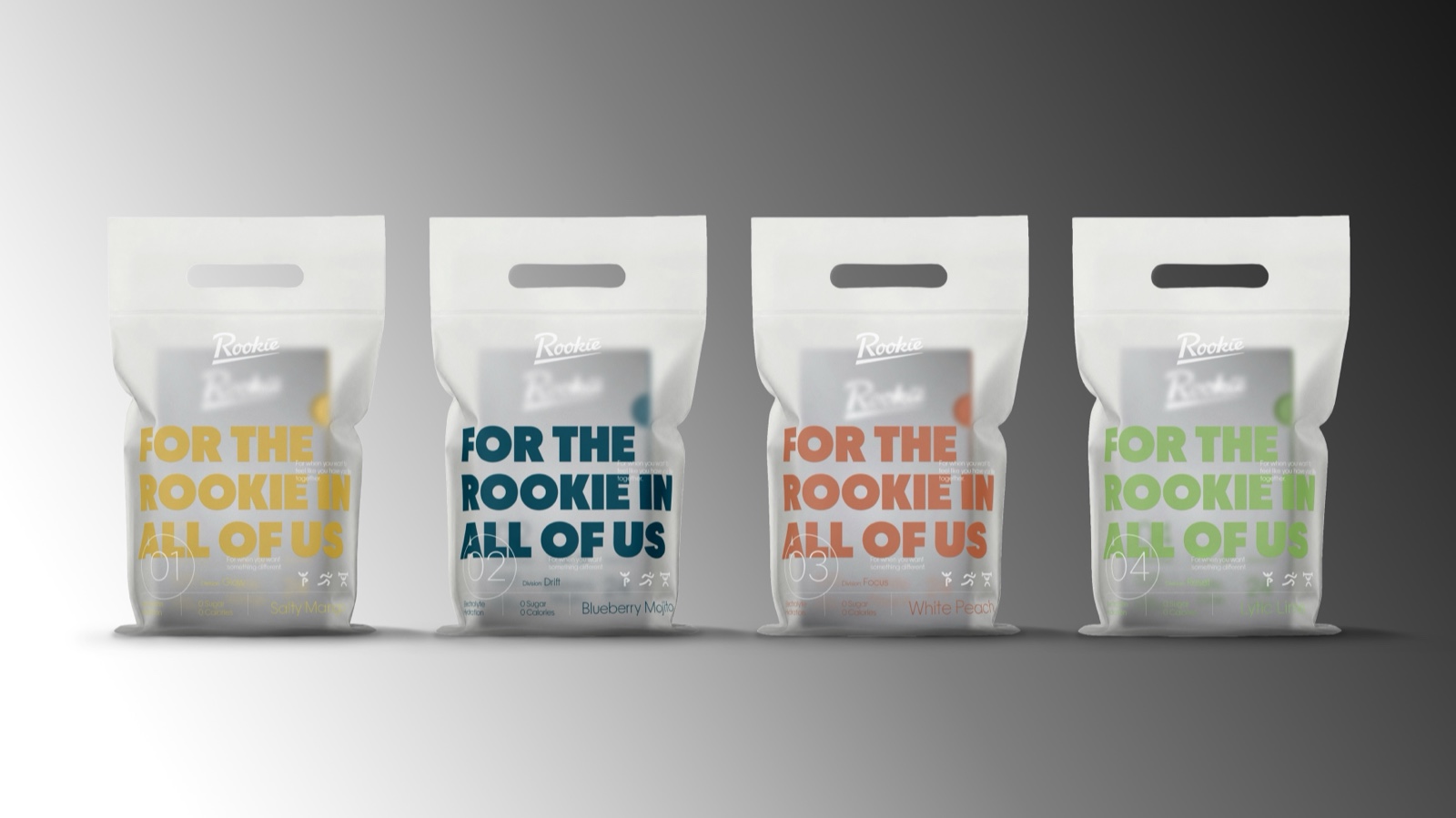 Four frosted Rookie pouches in a row, one per flavour, each printed For the Rookie in all of us