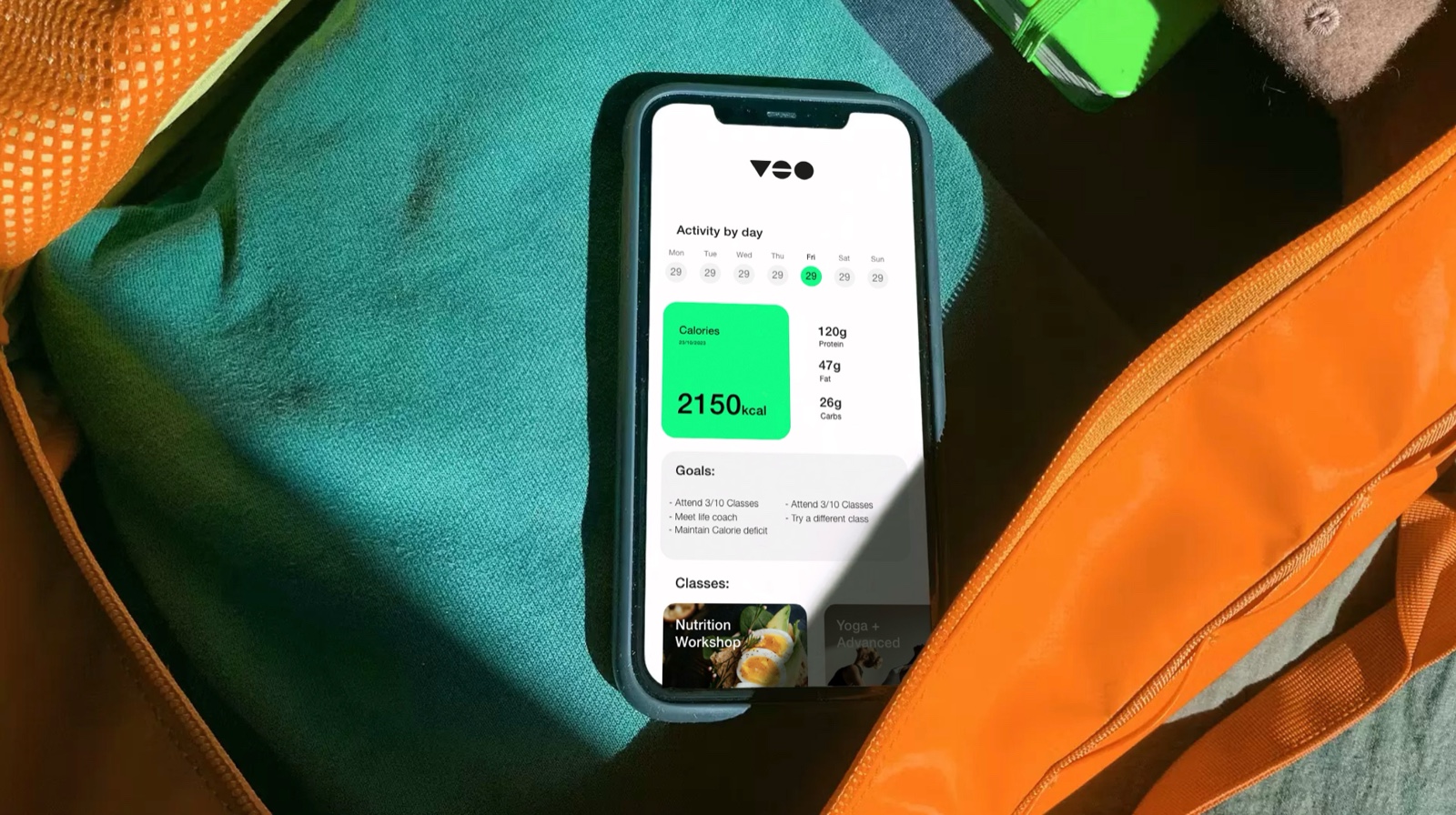 Veo app on a phone in a gym bag