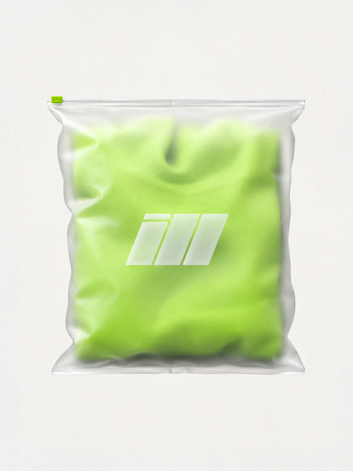 ILL garment in a frosted zip bag
