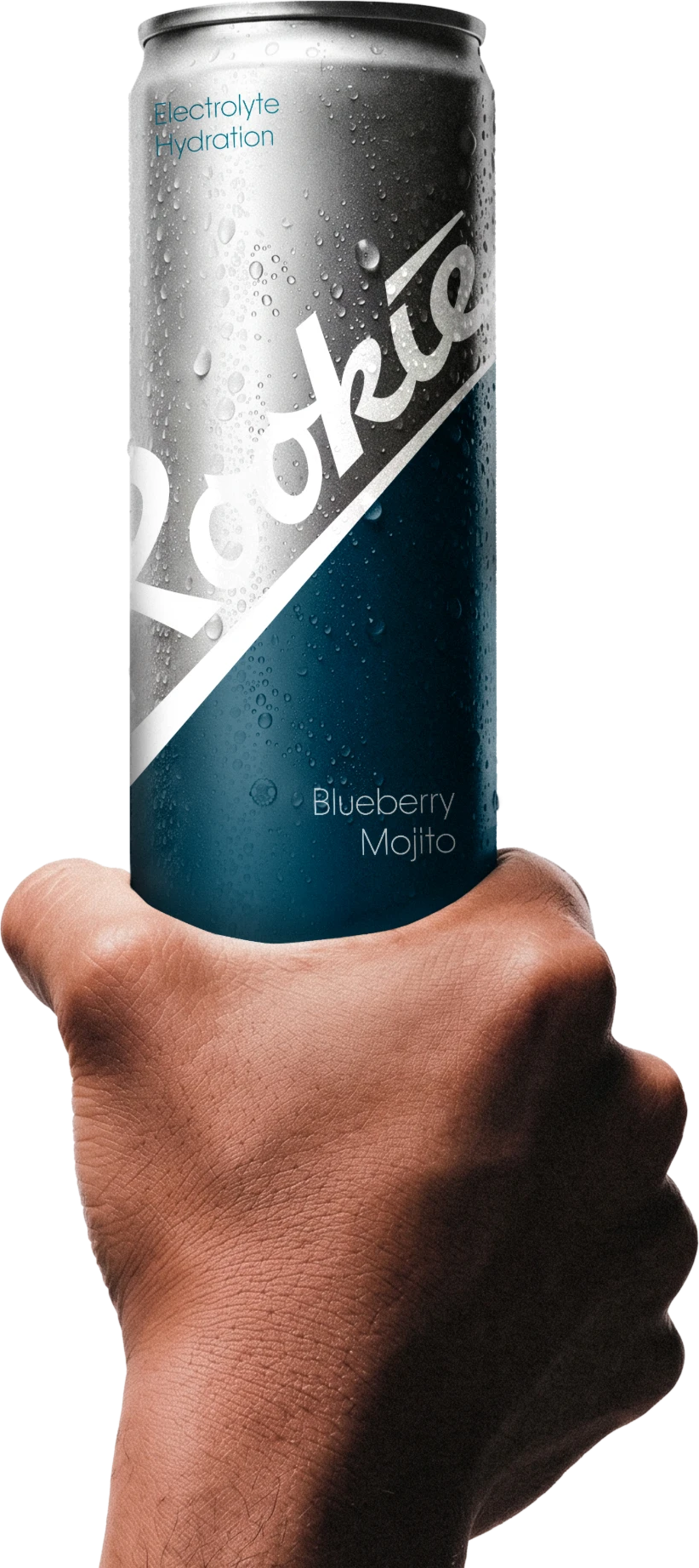 A hand holding a Rookie Blueberry Mojito electrolyte can in front of 'Rookie is for the rest of us' on a grey wall